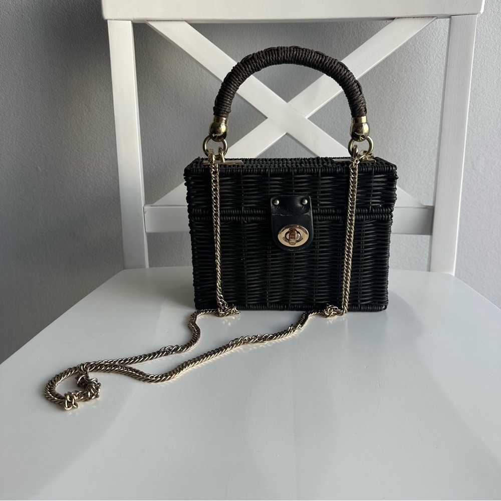 Zara Wooden Weave Box Bag w/ Top Handle & Detachable Chain Strap in Black